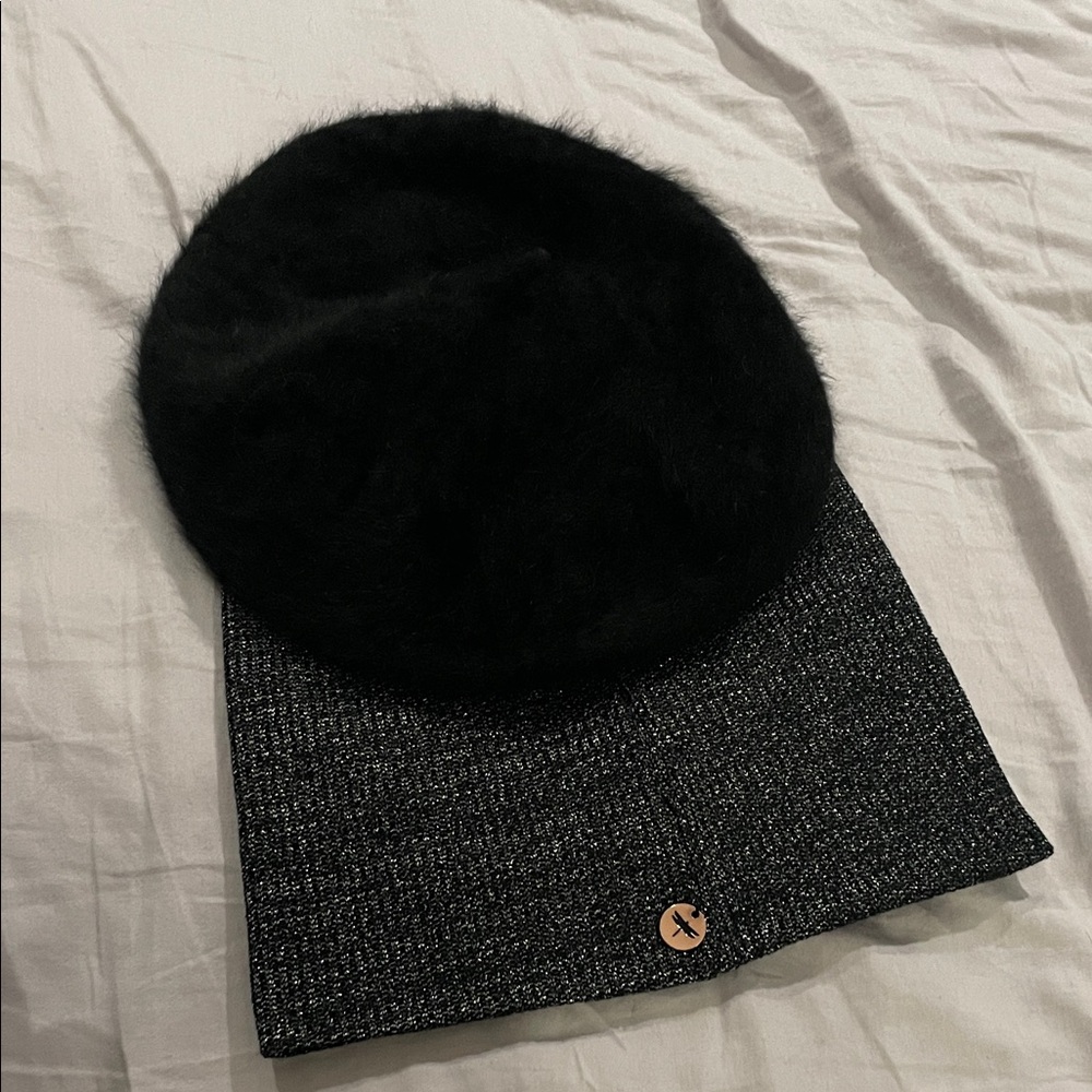 Black fuzzy Beret and Talnewyork beanie